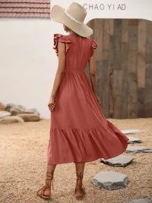 Butterfly Sleeve Ruffle Hem Dress - Redwood - View 2