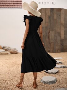 SHEIN LUNE Butterfly Sleeve Ruffle Hem Dress - Black - View 2