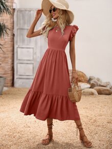 Butterfly Sleeve Ruffle Hem Dress - Redwood - View 4