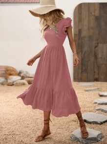 SHEIN Unity Butterfly Sleeve Ruffle Hem Dress - Dusty Pink - View 1