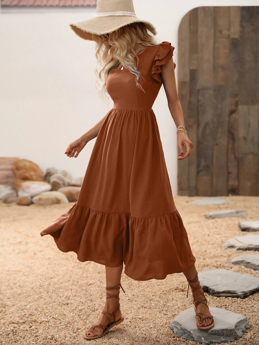 Vestido de manga mariposa bajo con fruncido - Marrón - Ver 1