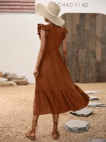 Vestido de manga mariposa bajo con fruncido - Marrón - Ver 2