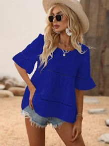 SHEIN VCAY Guipure Lace Insert Flounce Sleeve Ruffle Hem Blouse - Royal Blue - View 1