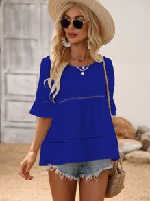 SHEIN VCAY Guipure Lace Insert Flounce Sleeve Ruffle Hem Blouse - Royal Blue - View 3