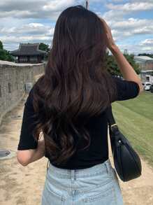 DAZY Solid Round Neck Tee Summer Preppy Tops - Black - View 2