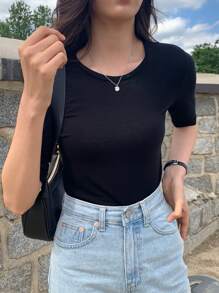 DAZY Solid Round Neck Tee Summer Preppy Tops - Black - View 7