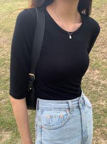 DAZY Solid Round Neck Tee Summer Preppy Tops - Black - View 8