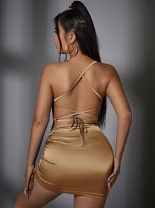 SHEIN SXY Draped Drawstring Side Lace Up Backless Satin Bodycon Dress - Khaki - View 2