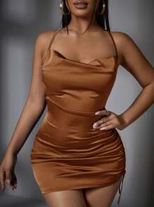 SHEIN SXY 垂墜側抽繩露背繫帶緞面緊身連衣裙 - 棕色 - 查看 3