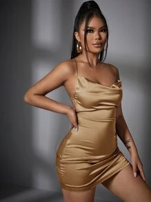 SHEIN SXY Draped Drawstring Side Lace Up Backless Satin Bodycon Dress - Khaki - View 4