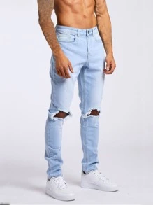 ROMWE MEN Street Life Men Cotton Ripped Jeans - Light Wash - View 1