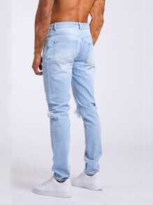 ROMWE MEN Street Life Men Cotton Ripped Jeans - Light Wash - View 2