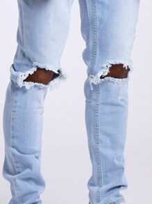 ROMWE MEN Street Life Men Cotton Ripped Jeans - Light Wash - View 3