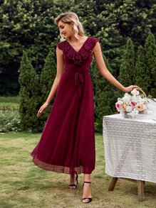 亮片拼接荷葉邊腰帶伴娘連衣裙 - 酒紅色 - 查看 1