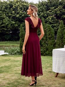 亮片拼接荷葉邊腰帶伴娘連衣裙 - 酒紅色 - 查看 2