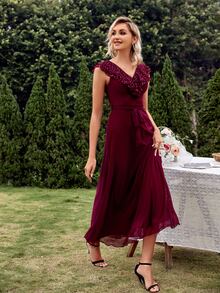 亮片拼接荷葉邊腰帶伴娘連衣裙 - 酒紅色 - 查看 4