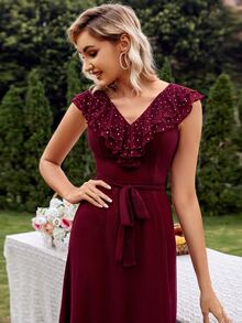 亮片拼接荷葉邊腰帶伴娘連衣裙 - 酒紅色 - 查看 5