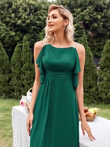 Vestido de dama de honor unicolor ribete con fruncido de gasa - Verde Oscuro - Ver 3