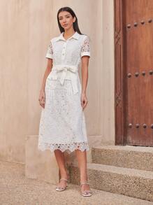 MOTF PREMIUM Vestido con cinturón con encaje - Blanco - Ver 1