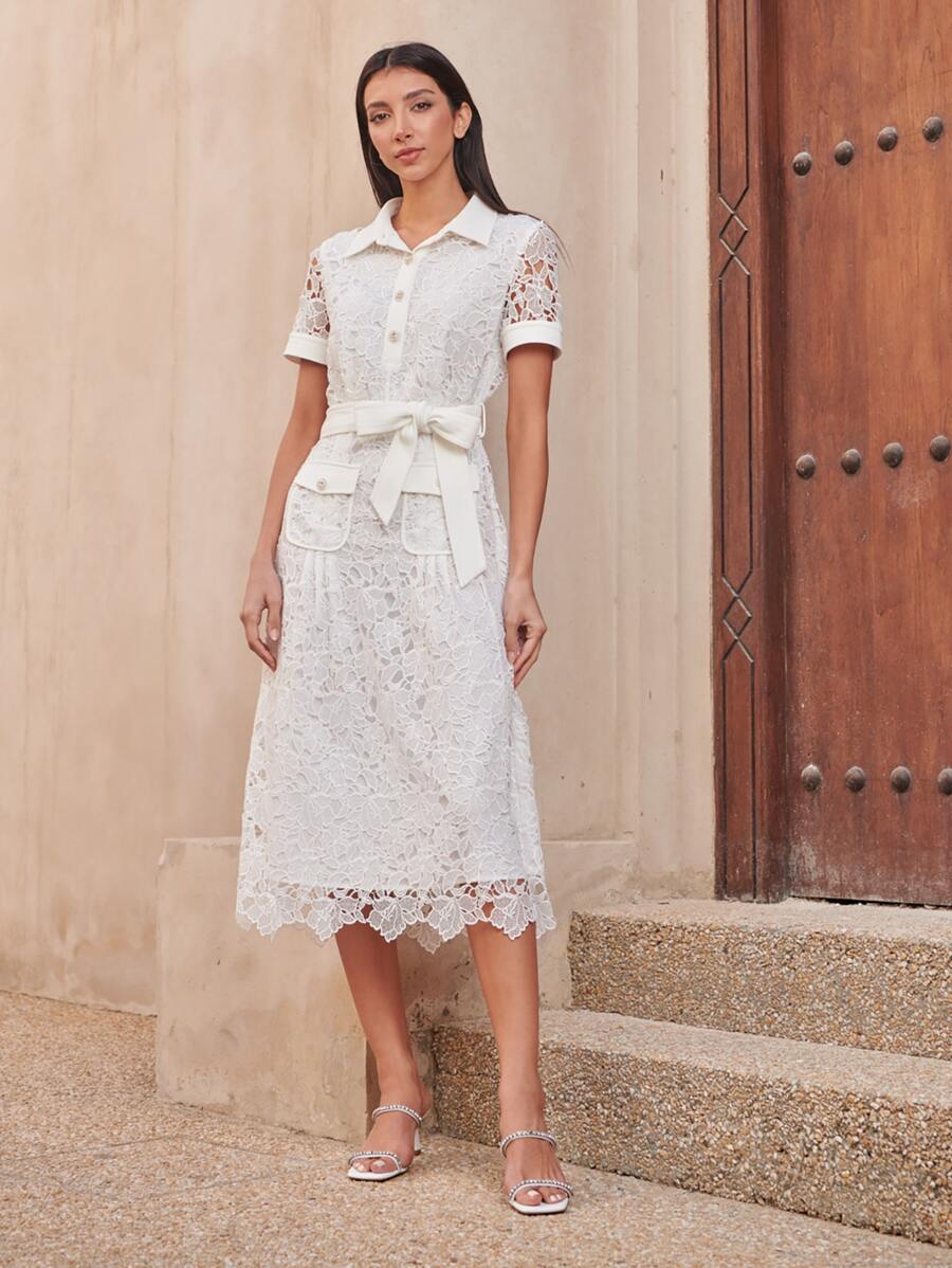 MOTF PREMIUM Vestido con cinturón con encaje - Blanco - Ver 1