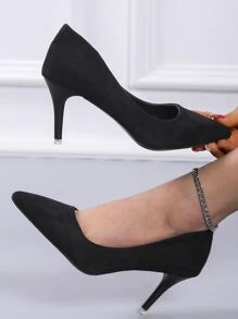 Point Toe Stiletto Heeled Court Pumps - Black - View 1