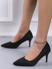 Point Toe Stiletto Heeled Court Pumps - Black - View 2
