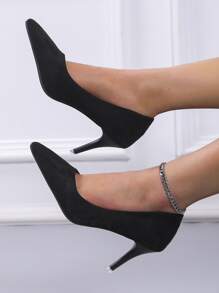 Point Toe Stiletto Heeled Court Pumps - Black - View 4