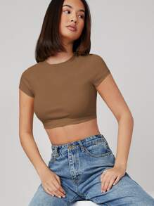 SHEIN BASICS 蓋肩短袖實色短款tee - 棕色 - 查看 1