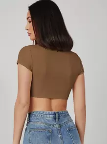 SHEIN BASICS 蓋肩短袖實色短款tee - 棕色 - 查看 2