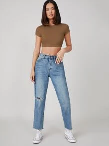 SHEIN BASICS 蓋肩短袖實色短款tee - 棕色 - 查看 3