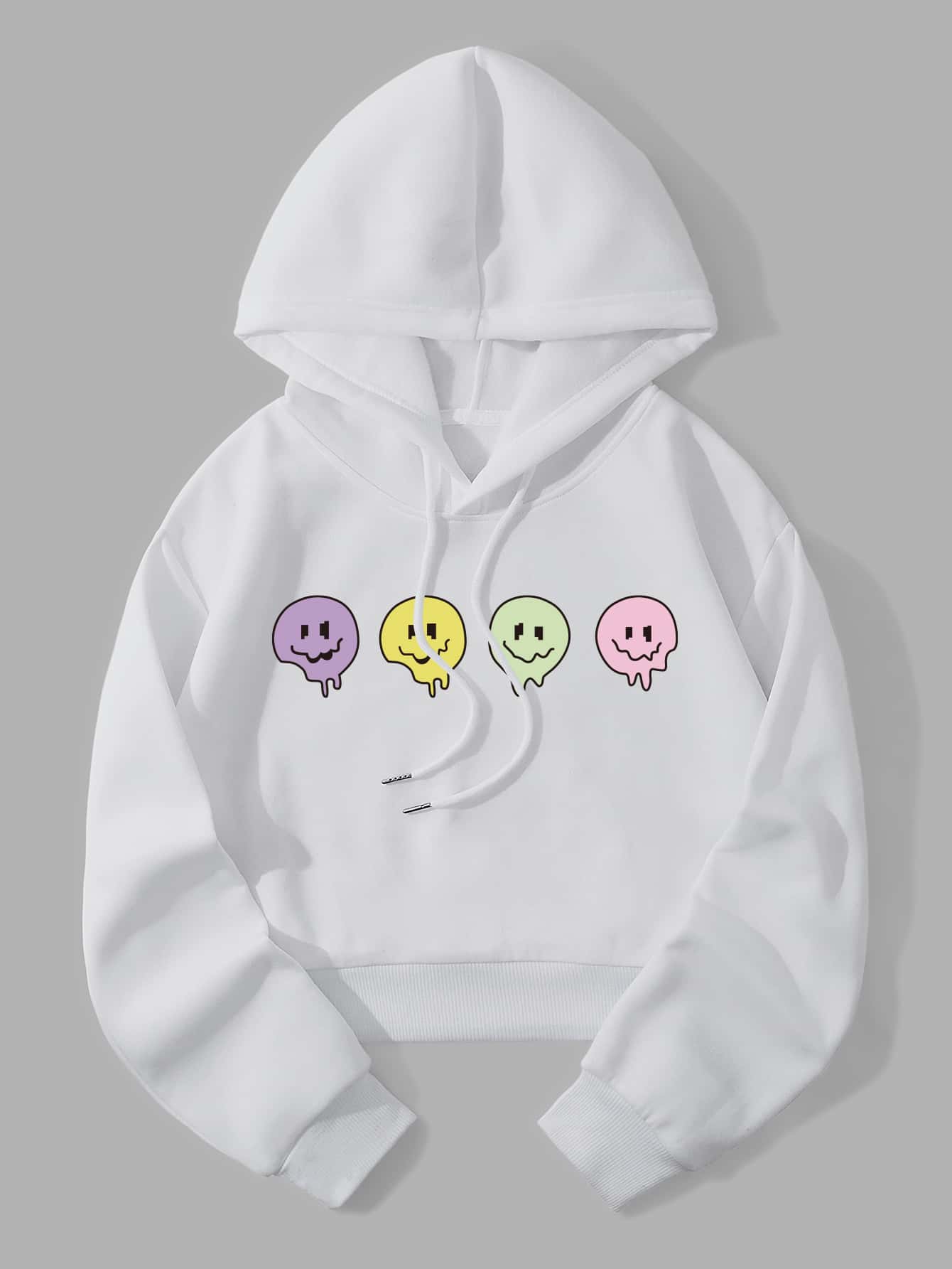 SHEIN Qutie 表情圖案前抽繩短款加絨內裏運動衫 - 白色 - 查看 1