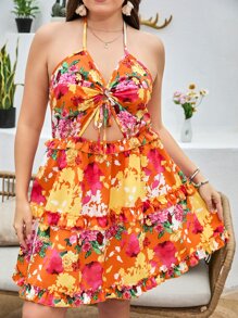 SHEIN Holidaya Plus Floral Print Knot Front Tie Backless Ruffle Hem Cut Out Dress - Multicolor - View 5