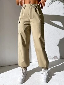 SHEIN PETITE 翻蓋口袋工裝褲 - 卡其色 - 查看 2