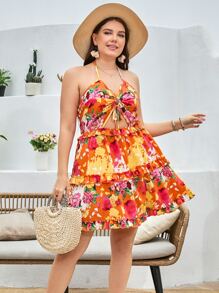 SHEIN Holidaya Plus Floral Print Knot Front Tie Backless Ruffle Hem Cut Out Dress - Multicolor - View 3