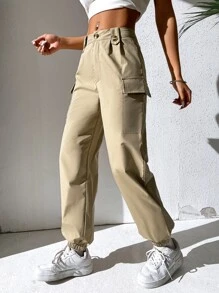 SHEIN PETITE 翻蓋口袋工裝褲 - 卡其色 - 查看 1