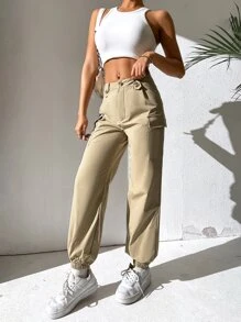 SHEIN PETITE 翻蓋口袋工裝褲 - 卡其色 - 查看 5