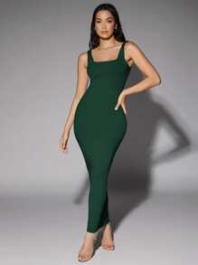 SHEIN BAE Solid Scoop Neck Tank Dress - Dark Green - View 3