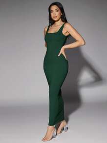 SHEIN BAE Solid Scoop Neck Tank Dress - Dark Green - View 4