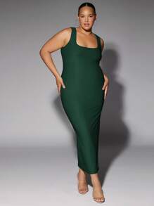 SHEIN BAE Solid Scoop Neck Tank Dress - Dark Green - View 6