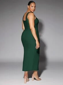 SHEIN BAE Solid Scoop Neck Tank Dress - Dark Green - View 7