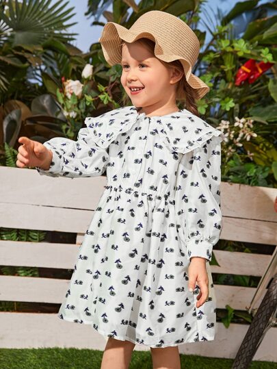 SHEIN Toddler Girls Floral Embroidered Statement Collar Bishop Sleeve Dress
