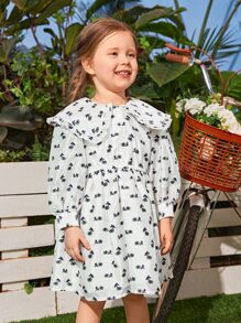 SHEIN Toddler Girls Floral Embroidered Statement Collar Bishop Sleeve Dress - Multicolor - View 3