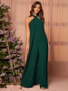 SHEIN Belle 露背打褶細節連身褲