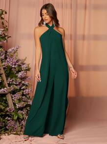 SHEIN Belle 露背打褶細節連身褲