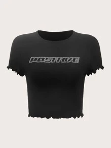 SHEIN ICON Camiseta 90s con diamante de imitación con patrón de letra ribete en forma de lechuga - Negro - Ver 1