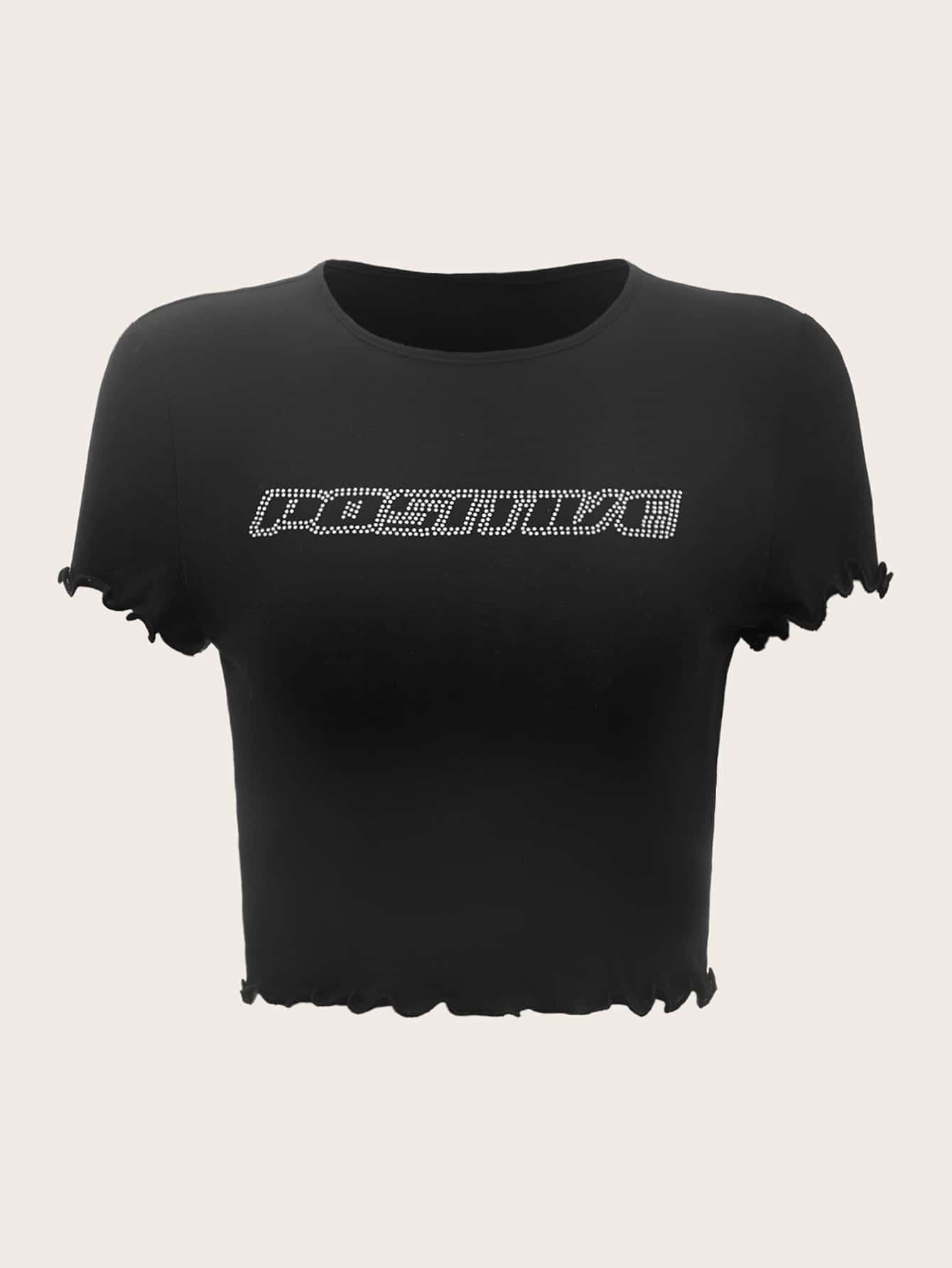 SHEIN ICON Camiseta 90s con diamante de imitación con patrón de letra ribete en forma de lechuga - Negro - Ver 1