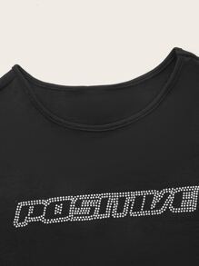 SHEIN ICON Camiseta 90s con diamante de imitación con patrón de letra ribete en forma de lechuga - Negro - Ver 3