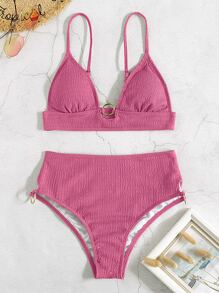 SHEIN Swim 褶饰环扣高腰比基尼 夏季 - 粉色 - 查看 3
