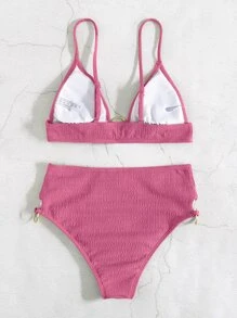 SHEIN Swim 褶饰环扣高腰比基尼 夏季 - 粉色 - 查看 5