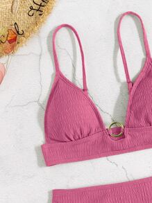 SHEIN Swim 褶饰环扣高腰比基尼 夏季 - 粉色 - 查看 6